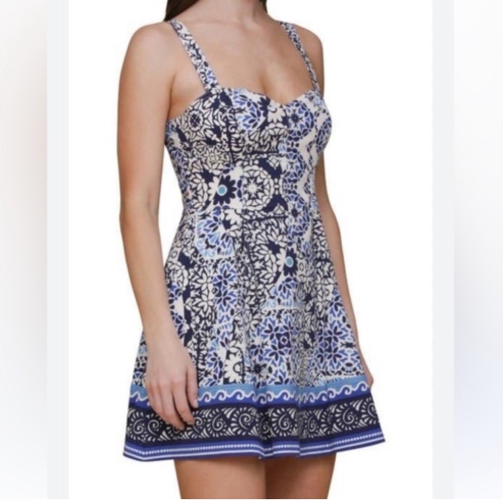 Avec Les Filles blue and white tile patterned Mini Dress spring vacation